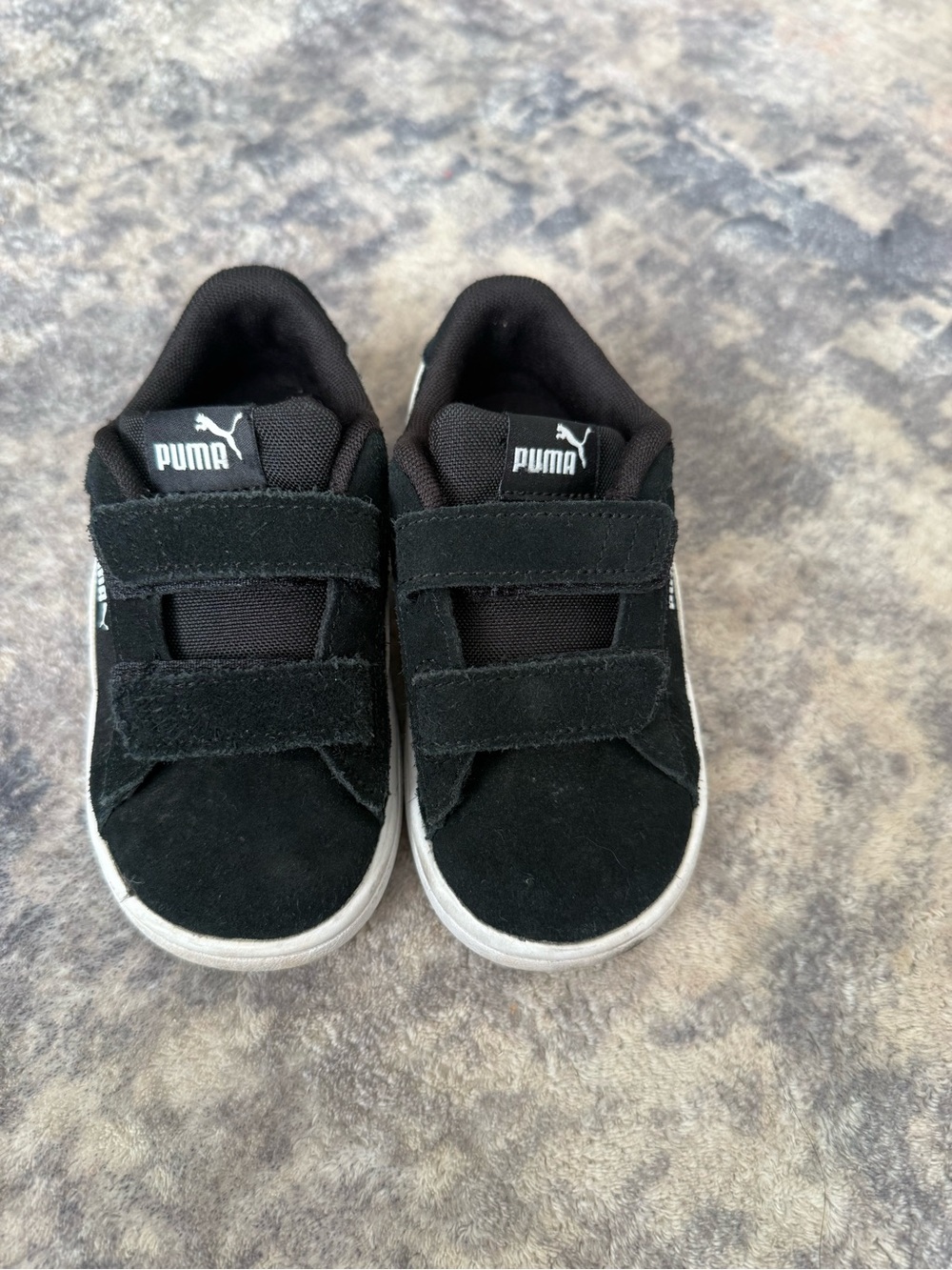 Puma Kids Black Suede Velcro Sneakers with White Soles